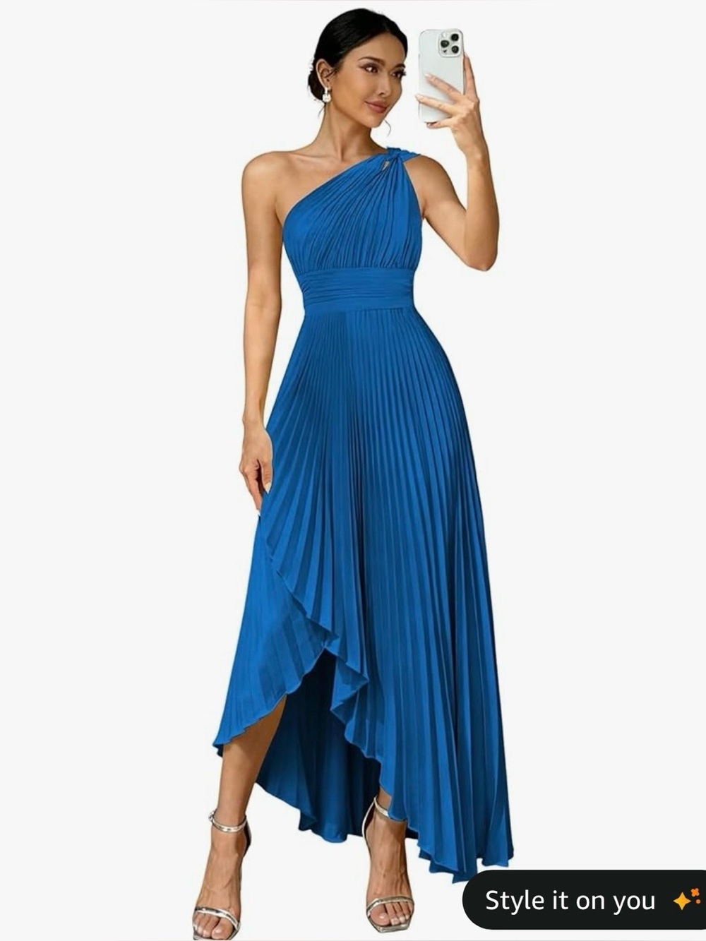 One-Shoulder Blue Pleated Midi Dress
